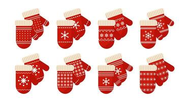 Winter mittens with snowflake ornament, set. Winter clothes and accessories. Icons, vector