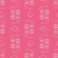 Retro seamless pattern with cowboy boots, hat and Cowgirl horseshoe. Print in the style of the Wild West for textiles, wrapping paper, packaging. Vector