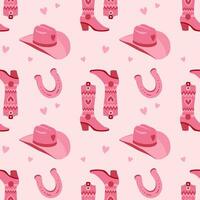 Retro seamless pattern with cowboy boots, hat and Cowgirl horseshoe. Print in the style of the Wild West for textiles, wrapping paper, packaging. Vector