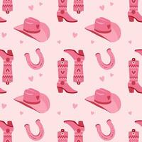 Retro seamless pattern with cowboy boots, hat and Cowgirl horseshoe. Print in the style of the Wild West for textiles, wrapping paper, packaging. Vector