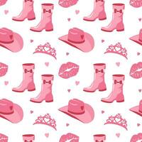 Cute pink seamless pattern with princess wardrobe details, crown, shoes, cowboy hat, kiss. Beautiful girlish wallpaper. Vector