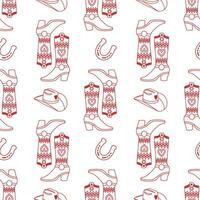 Retro seamless pattern with cowboy boots, hat and Cowgirl horseshoe. Print in the style of the Wild West for textiles, wrapping paper, packaging. Vector
