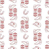 Retro seamless pattern with cowboy boots, hat and Cowgirl horseshoe. Print in the style of the Wild West for textiles, wrapping paper, packaging. Vector