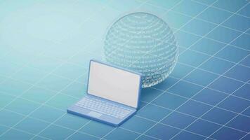 Transparent data sphere with laptop, 3d rendering. video