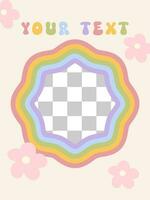 Retro social media story template in groovy style. Y2K aesthetic vertical banner or poster with rainbow frame for photo and hand drawn daisy flowers. Vector illustration