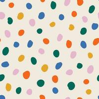 Colorful polka dots seamless pattern. Contemporary childish doodle background. Vector circle confetti on square beige backdrop. Fun festive template design