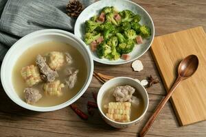 Corn and pork bone soup, delicious Chinese food. photo