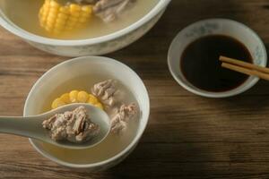 Corn and pork bone soup, delicious Chinese food. photo