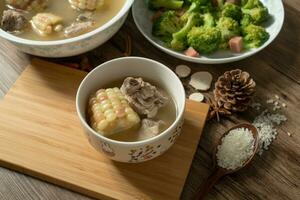 Corn and pork bone soup, delicious Chinese food. photo