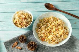 Chinese fried rice with blue background photo