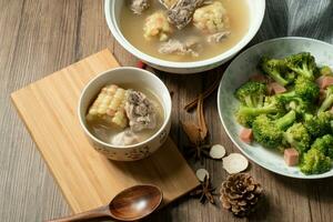 Corn and pork bone soup, delicious Chinese food. photo