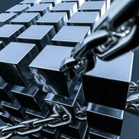 Metal chains and cubes background, 3d rendering. photo