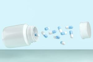 3d rendering, white medicine bottle with capsules photo