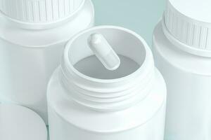 3d rendering, white medicine bottle with capsules photo