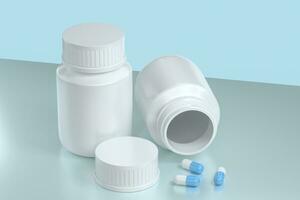 3d rendering, white medicine bottle with capsules photo