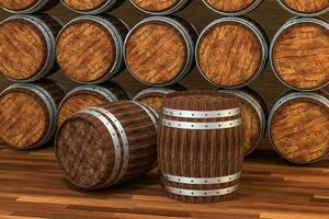de madera lagar barril con calentar color fondo, 3d representación foto