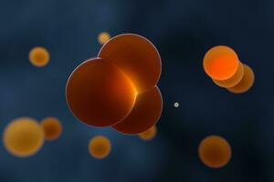 Orange spheres and molecular model, random distributed, 3d rendering. photo