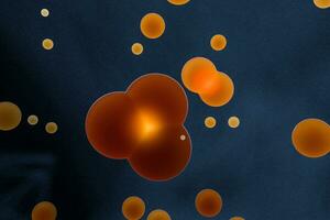 Orange spheres and molecular model, random distributed, 3d rendering. photo