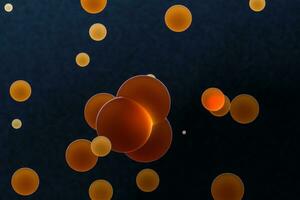 Orange spheres and molecular model, random distributed, 3d rendering. photo