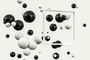 3d representación, negro y blanco pelotas con marco en el medio. foto