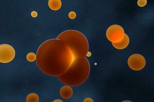 Orange spheres and molecular model, random distributed, 3d rendering. photo