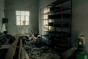 The abandoned industrial building. Fantasy interior scene. photo