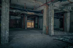 The abandoned industrial building. Fantasy interior scene. photo