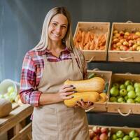 Woman works in fruits and vegetables shop. She is holding basket with butternut squash. photo