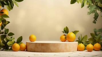 Empty podium on light architectural background surrounded by orange lemon. Abstract background with minimalist style for product brand presentation. Advertising cosmetic from orange ingredient. photo