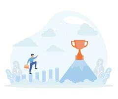 Concept of building business for success. Business man jumping to the graph to goal. Trophies on mountain. flat vector modern illustration