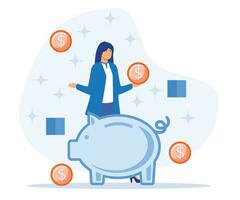 Economy, investment, banking, concept. money coin fly around piggy bank. flat vector modern illustration