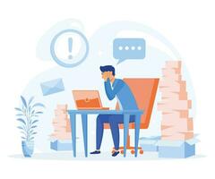 busy and tired businessman. working on his laptop among piles of papers and documents, flat vector modern illustration