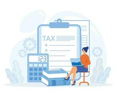 Taxation planning concept. Characters using tax calendar to filling tax declaration form online and with financial advice. flat vector modern illustration