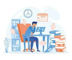 Man overworking in office, deadline illustration. Manager sitting at computer desk with stacks of documents.  flat vector modern illustration