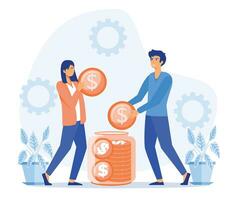 economy, investment, banking, concept. Family couple save money. Man and woman inserting money into a glass jar.  flat vector modern illustration