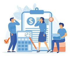 financial management concepts, People with financial document, calculator and pencil. flat vector modern illustration