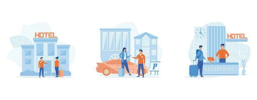 Hotel service, Smiling doorman welcoming guest, valet parking worker gets keys from clients car, receptionist provide information to people, set flat vector modern illustration