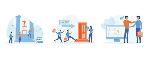 Recruiting and human resources concept, job applicants and office chair open vacancy, People running to open opportunities, employers are considering resumes, set flat vector modern illustration