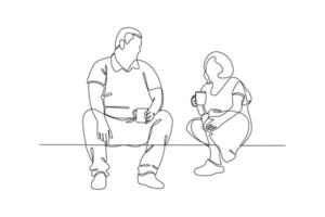 Continuous one line drawing Concept of Neighbors sharing things and helping each other. Doodle vector illustration.
