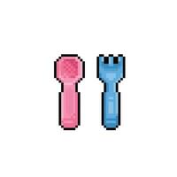 cute fork and spoon in pixel art style vector