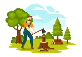 Men Chopping Wood and Cutting Tree with Lumberjack Work Equipment Machinery or chainsaw in Flat Cartoon Background Templates Vector Illustration