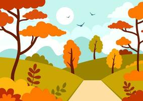 otoño paisaje antecedentes vector ilustración con montañas, campos, arboles y otoño hojas en plano dibujos animados natural temporada panorama plantillas