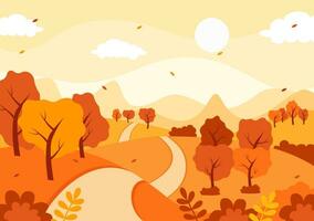 otoño paisaje antecedentes vector ilustración con montañas, campos, arboles y otoño hojas en plano dibujos animados natural temporada panorama plantillas