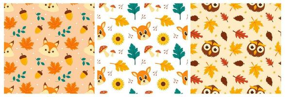 Set of Autumn Season Seamless Pattern Design with Fall Elements in Template Cartoon Flat Illustration vector