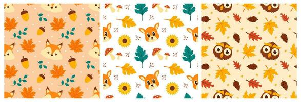 Set of Autumn Season Seamless Pattern Design with Fall Elements in Template Cartoon Flat Illustration vector