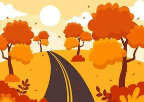 Autumn Landscape Background Vector Illustration with Mountains, Fields, Trees and Fall Leaves in Flat Cartoon Natural Season Panorama Templates