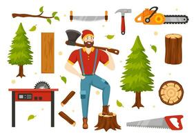 hombres el cortar madera y corte árbol con leñador trabajo equipo maquinaria o motosierra en plano dibujos animados antecedentes plantillas vector ilustración