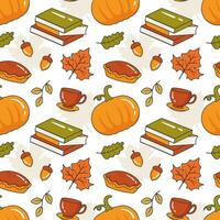 Autumn Season Seamless Pattern Design with Fall Elements in Template Cartoon Flat Illustration vector