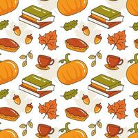 Autumn Season Seamless Pattern Design with Fall Elements in Template Cartoon Flat Illustration vector