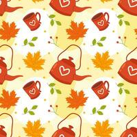 Autumn Season Seamless Pattern Design with Fall Elements in Template Cartoon Flat Illustration vector